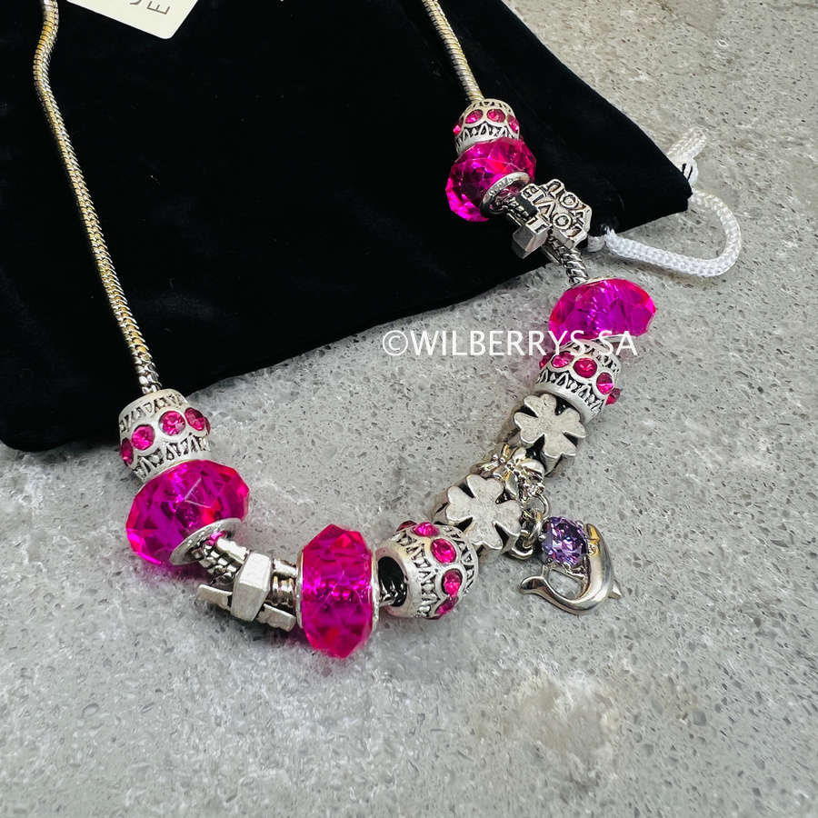 LOOK!! R2950.00 LONDON JEWELLERS Ava PINK Necklace + CHAIN + CHARMS + CRYSTALS FROM SWAROVSKI