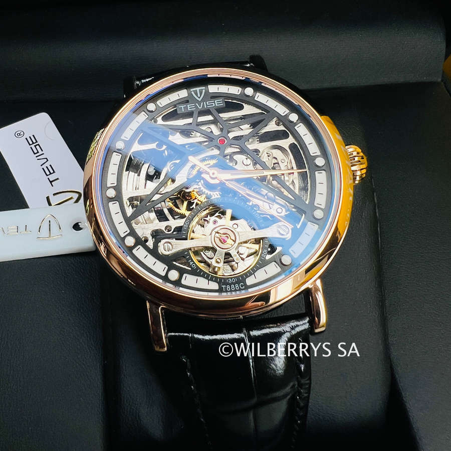 Retail: R2,199.00 TEVISE ® Mens Amistad Wheel Automatic Rose Gold/Black Leather Edition Watch