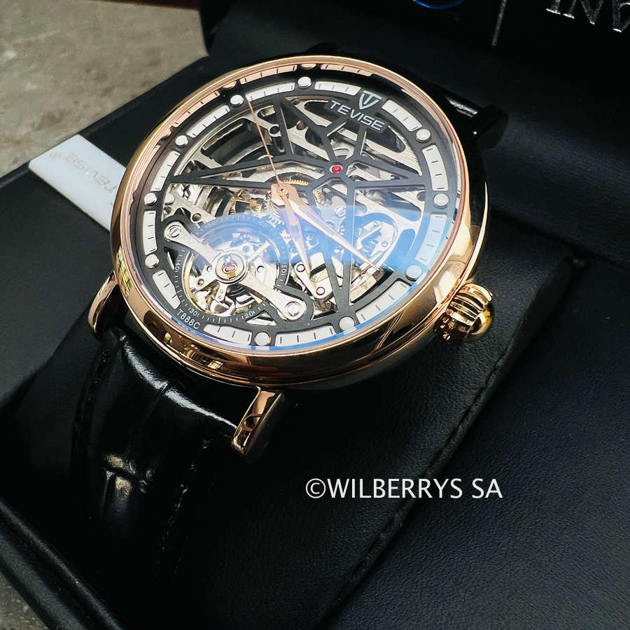 Retail: R2,199.00 TEVISE ® Mens Amistad Wheel Automatic Rose Gold/Black Leather Edition Watch