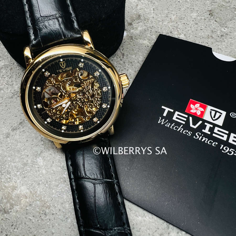 look!! TEVISE® Men`s Metropolis II Leather Gold/Black Automatic SKELETON Watch NEW