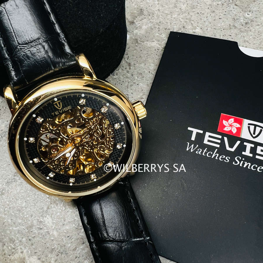 look!! TEVISE® Men`s Metropolis II Leather Gold/Black Automatic SKELETON Watch NEW