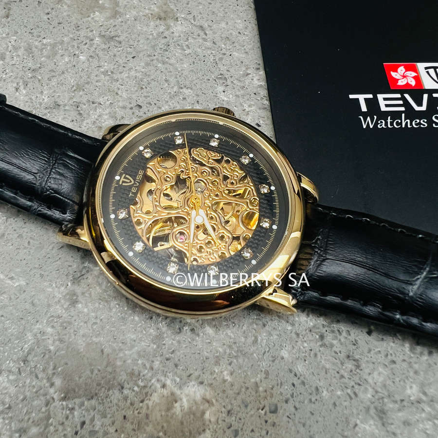 look!! TEVISE® Men`s Metropolis II Leather Gold/Black Automatic SKELETON Watch NEW