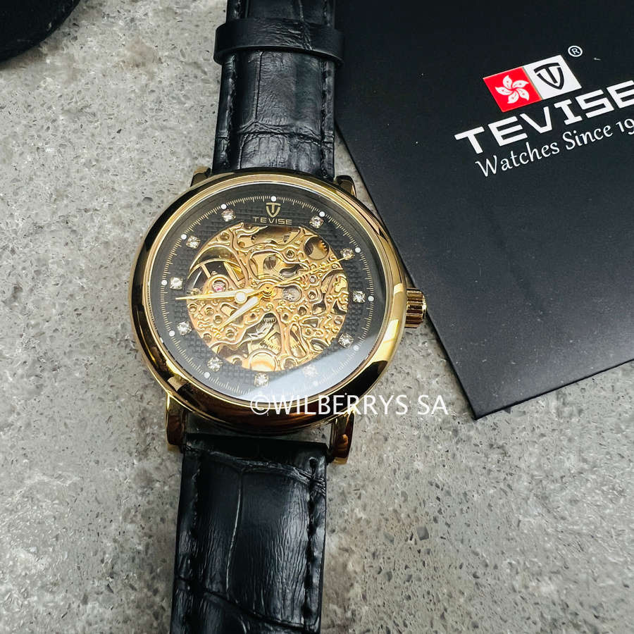 look!! TEVISE® Men`s Metropolis II Leather Gold/Black Automatic SKELETON Watch NEW