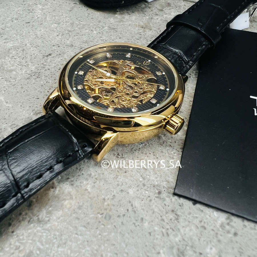 look!! TEVISE® Men`s Metropolis II Leather Gold/Black Automatic SKELETON Watch NEW