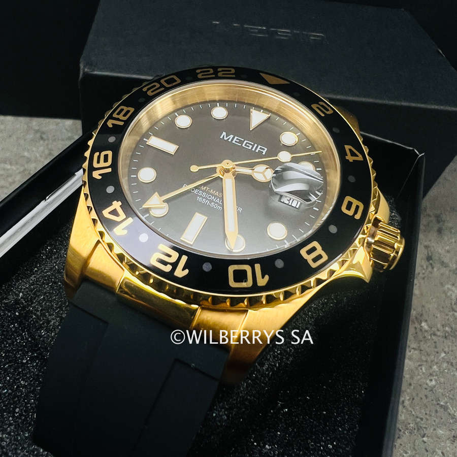 Retail: R2,499.00 MEGIR ELITE Mens GMT Date 43mm Stainless Steel Gold / Silicone Strap Watch NEW