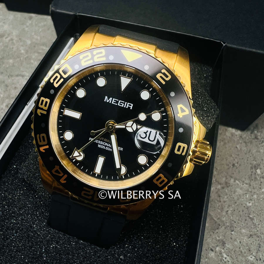 Retail: R2,499.00 MEGIR ELITE Mens GMT Date 43mm Stainless Steel Gold / Silicone Strap Watch NEW