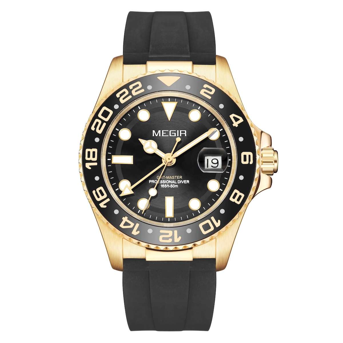 Retail: R2,499.00 MEGIR ELITE Mens GMT Date 43mm Stainless Steel Gold / Silicone Strap Watch NEW