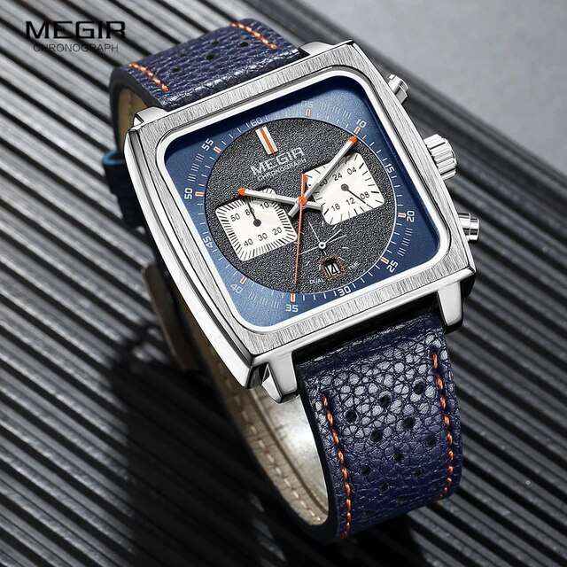 Retail: R1,499.00 MEGIR Men`s Gulf Monaco Homage Chronograph Silver / Blue Leather Watch