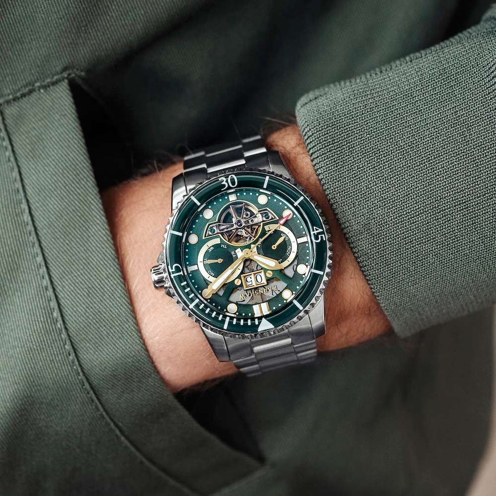 LOOK!! rip: R14,200.00 THOMAS EARNSHAW DUNCAN GRANDE DATE OPEN HEART AUTOMATIC Forest Green Watch