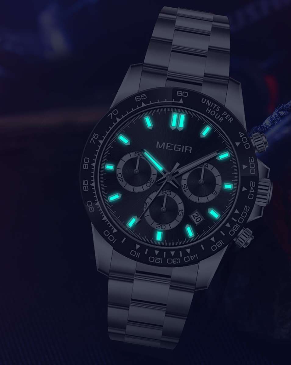 Retail: R1,499.00 MEGIR Mens Speedster Chronograph Date 43mm Stainless Steel Silver Oyster Watch