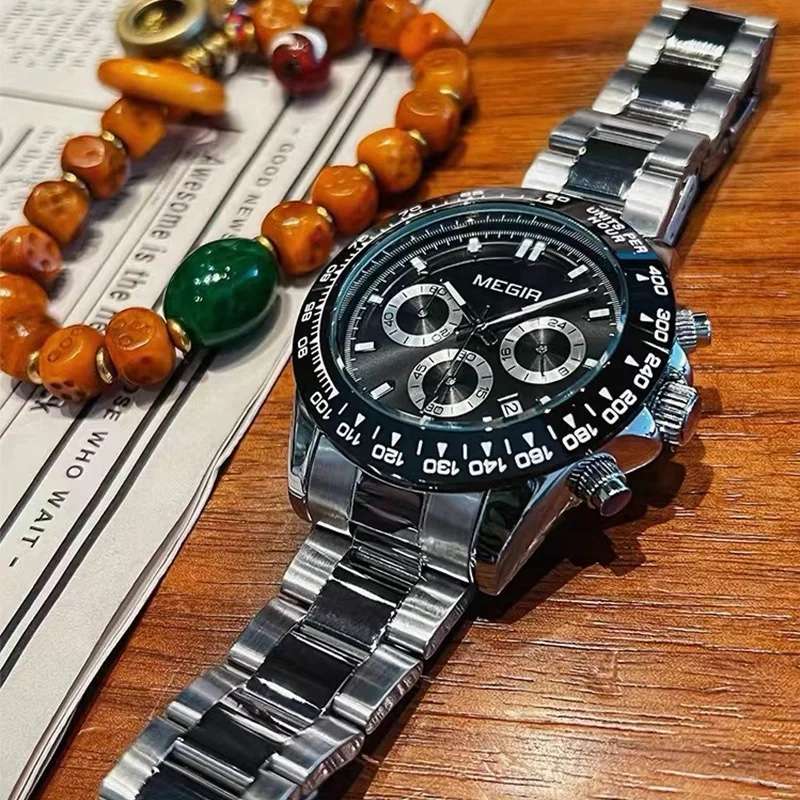 Retail: R1,499.00 MEGIR Mens Speedster Chronograph Date 43mm Stainless Steel Silver Oyster Watch