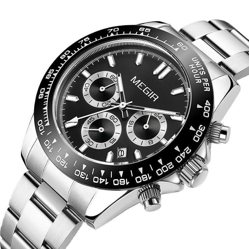 Retail: R1,499.00 MEGIR Mens Speedster Chronograph Date 43mm Stainless Steel Silver Oyster Watch