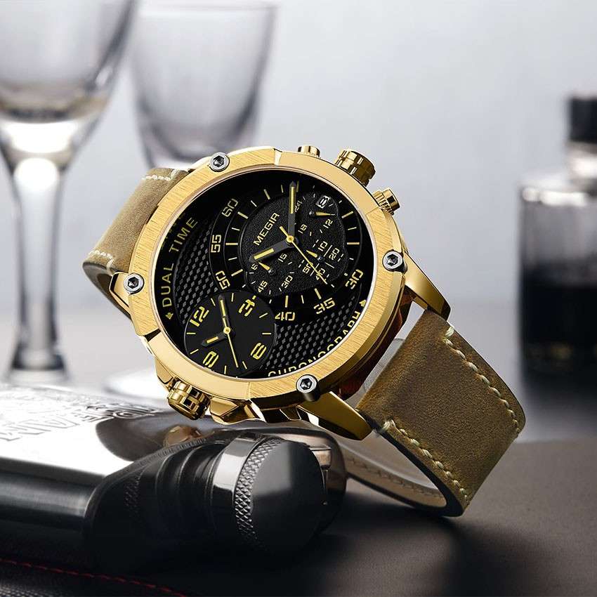 Retail: R1,699.00 MEGIR Men`s Giant Chronograph Dual Time 48mm Gold / Brown Leather Watch BRAND NEW