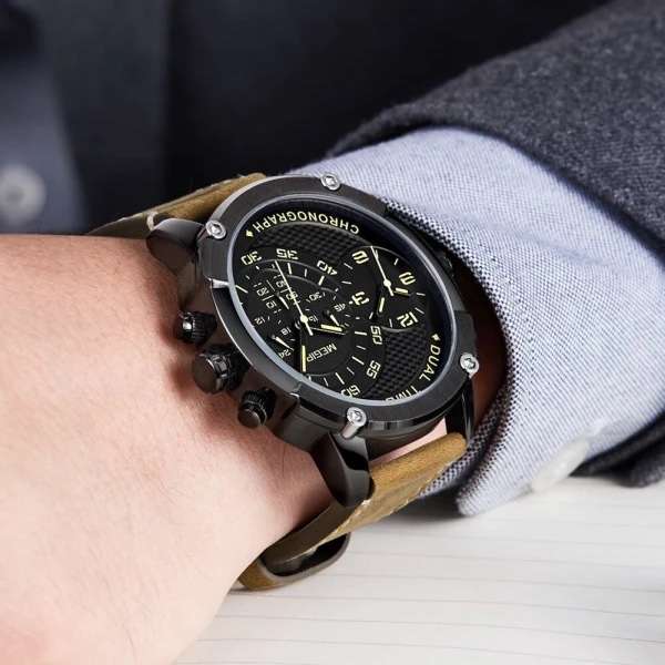 Retail: R1,699.00 MEGIR Men`s Big Boi Chronograph Dual Time 48mm Ionic Black / Brown Leather Watch