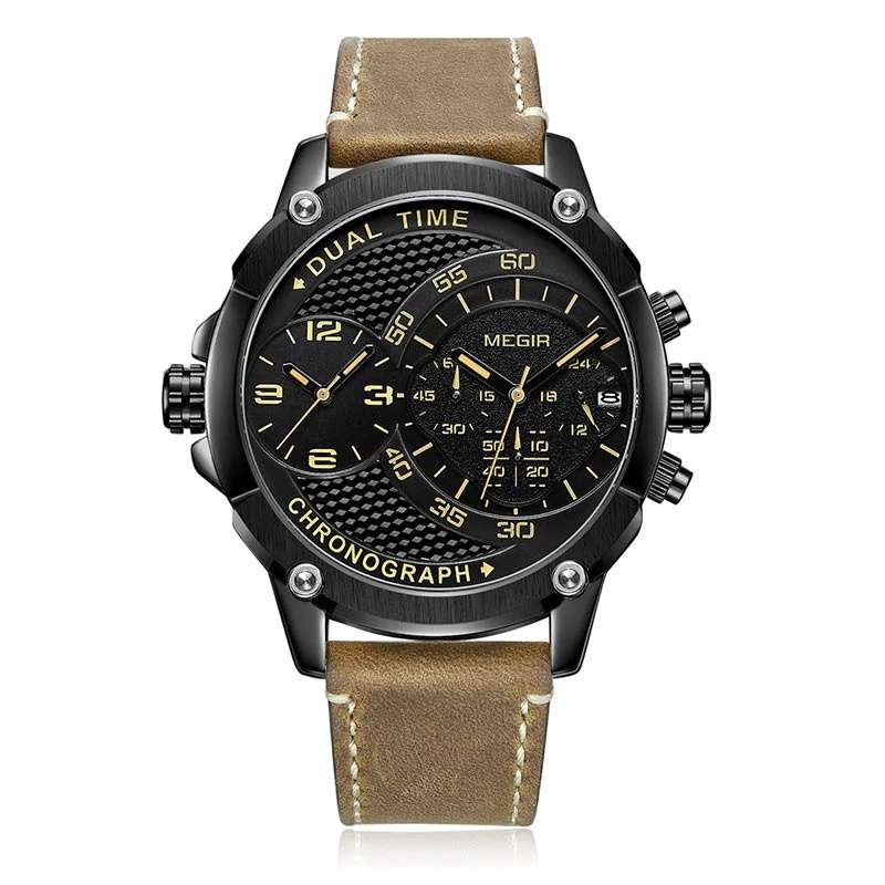 Retail: R1,699.00 MEGIR Men`s Big Boi Chronograph Dual Time 48mm Ionic Black / Brown Leather Watch