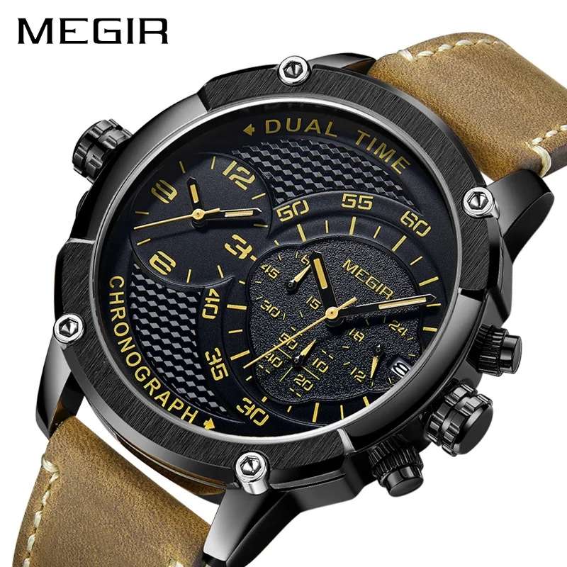 Retail: R1,699.00 MEGIR Men`s Big Boi Chronograph Dual Time 48mm Ionic Black / Brown Leather Watch