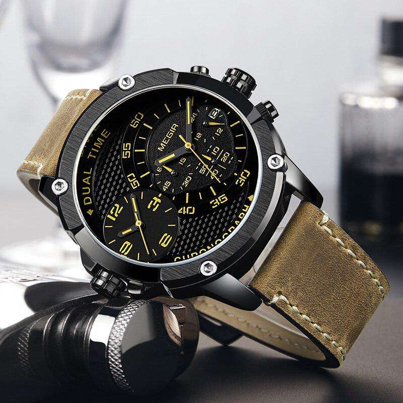 Retail: R1,699.00 MEGIR Men`s Big Boi Chronograph Dual Time 48mm Ionic Black / Brown Leather Watch