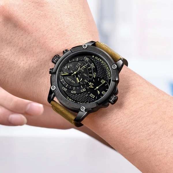 Retail: R1,699.00 MEGIR Men`s Big Boi Chronograph Dual Time 48mm Ionic Black / Brown Leather Watch