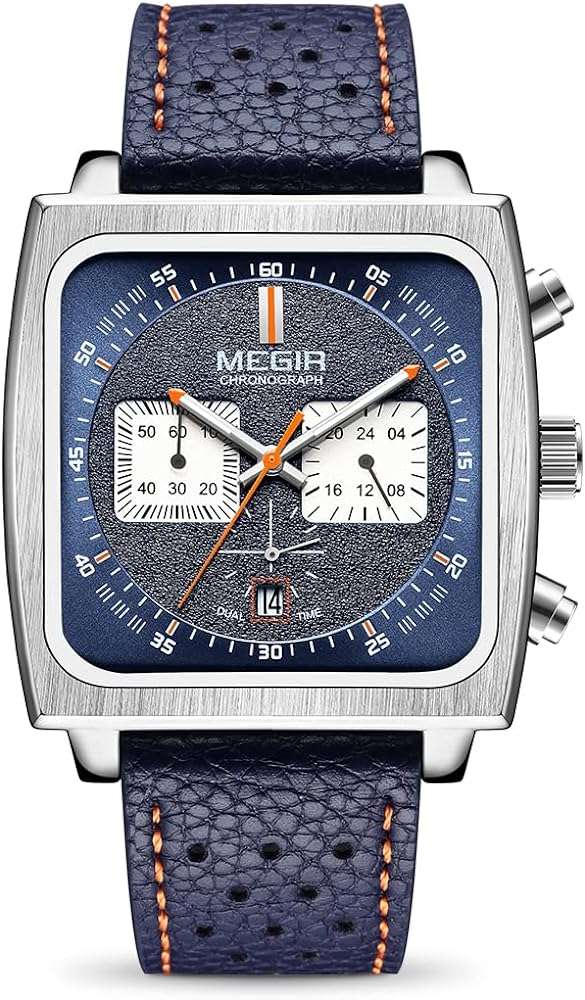 Retail: R1,499.00 MEGIR Men`s Gulf Monaco Homage Chronograph Silver / Blue Leather Watch
