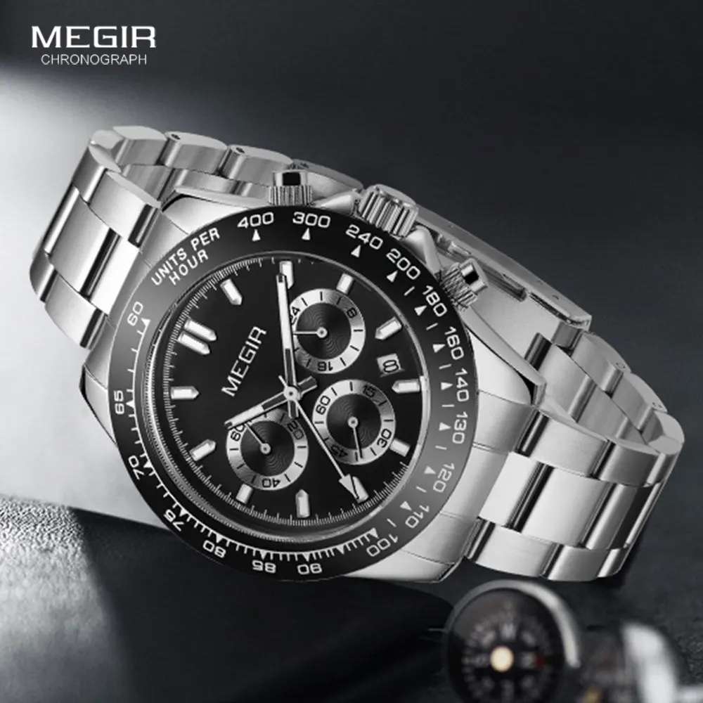 Retail: R1,499.00 MEGIR Mens Speedster Chronograph Date 43mm Stainless Steel Silver Oyster Watch