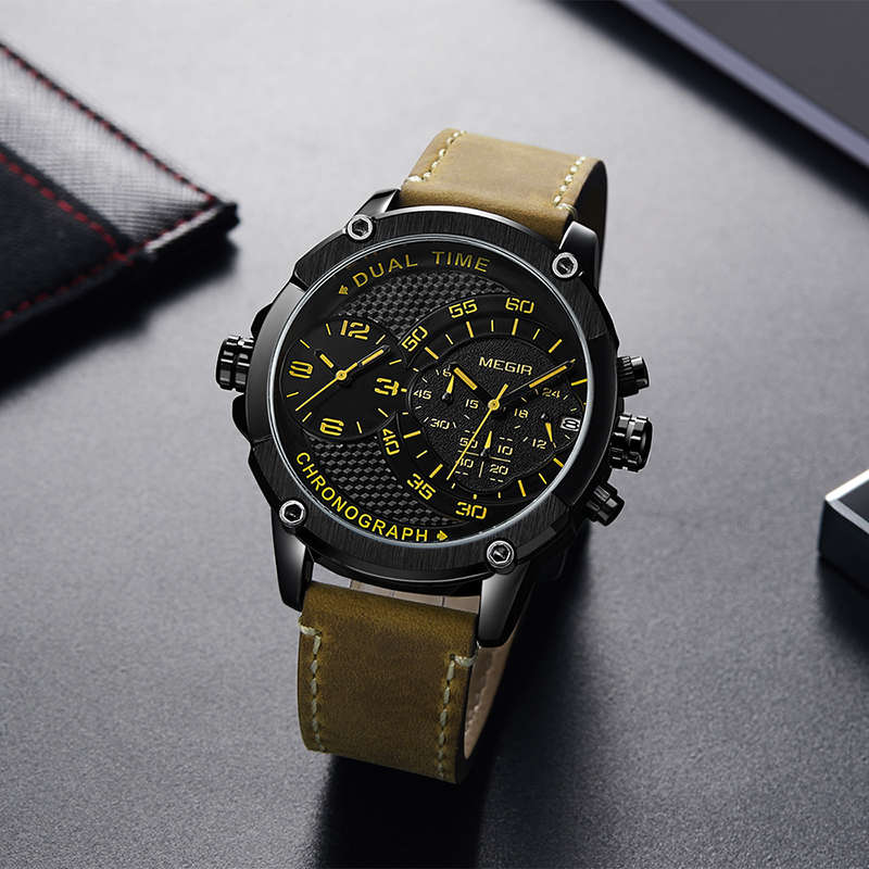 Retail: R1,699.00 MEGIR Men`s Big Boi Chronograph Dual Time 48mm Ionic Black / Brown Leather Watch