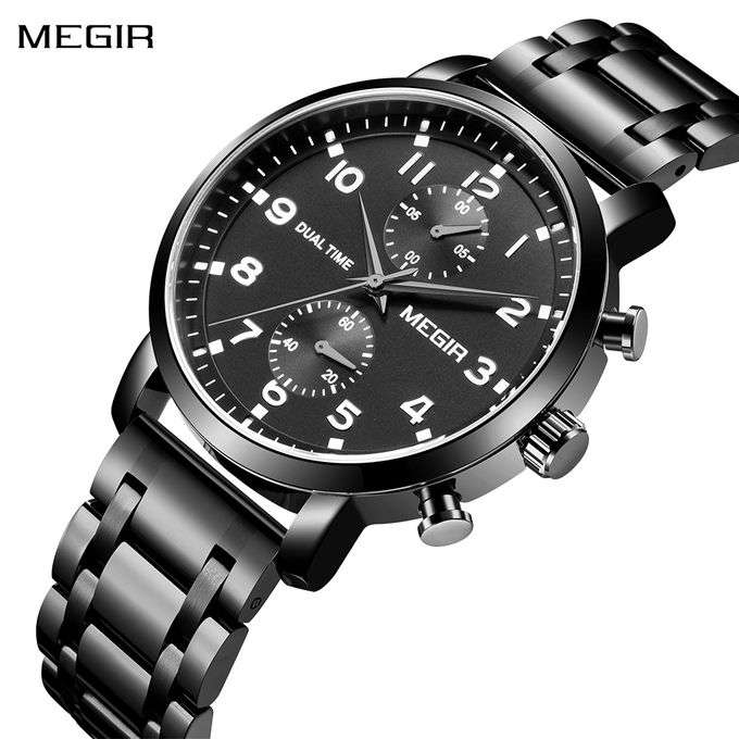 Retail: R1,399.00 MEGIR Men`s Dual Time Chronograph Date 42mm Ionic Stainless Steel Bracelet Watch
