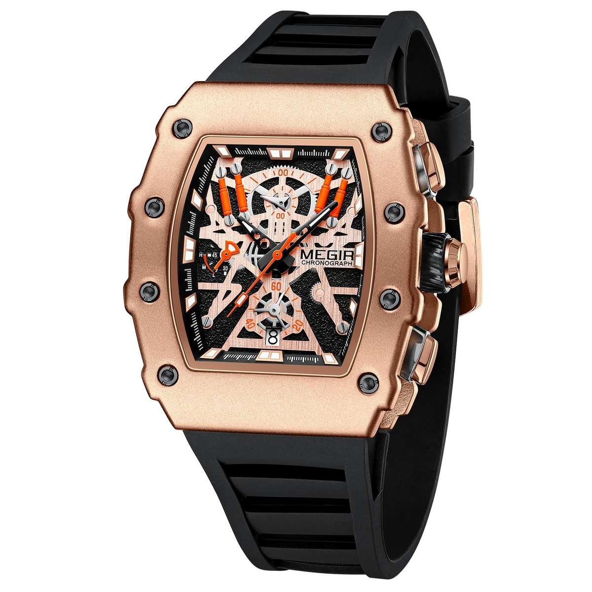 Retail: R1,799.00 MEGIR Men`s TONNEUX-X Chronograph Rose Gold / Black Watch BRAND NEW