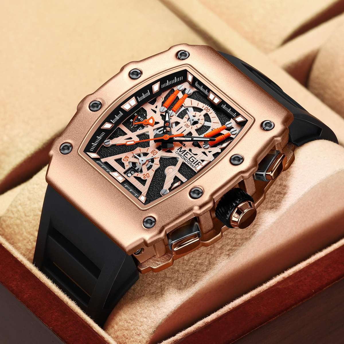 Retail: R1,799.00 MEGIR Men`s TONNEUX-X Chronograph Rose Gold / Black Watch BRAND NEW