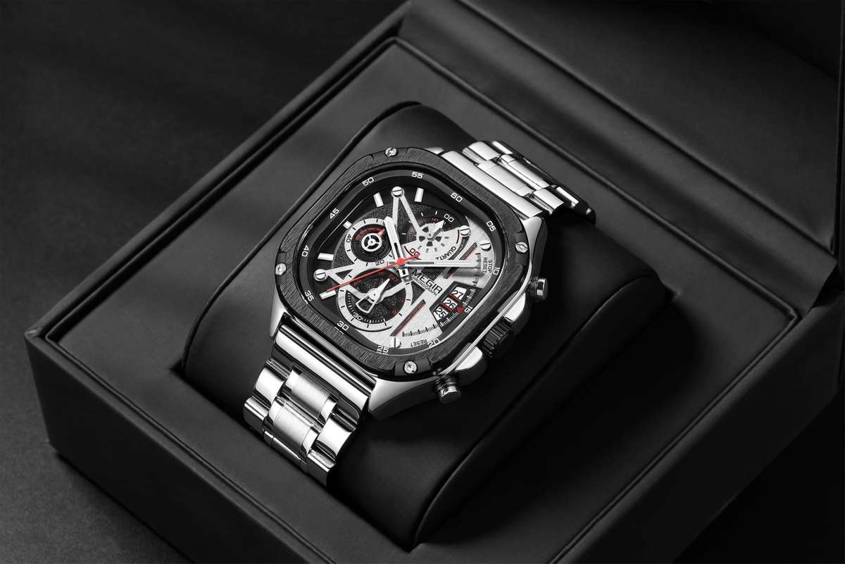 Retail: R1,599.00 MEGIR Mens SQUARE-X Chronograph silver / black Watch BRAND NEW