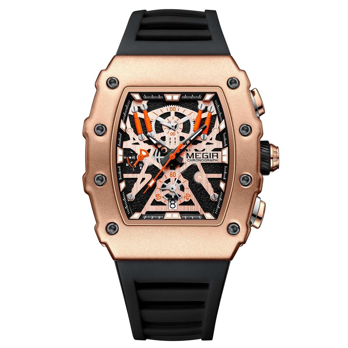 Retail: R1,799.00 MEGIR Men`s TONNEUX-X Chronograph Rose Gold / Black Watch BRAND NEW