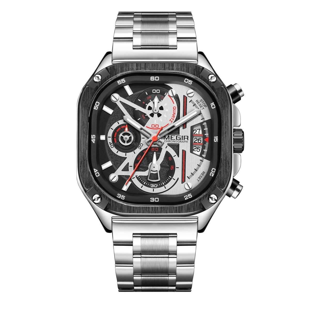Retail: R1,599.00 MEGIR Mens SQUARE-X Chronograph silver / black Watch BRAND NEW