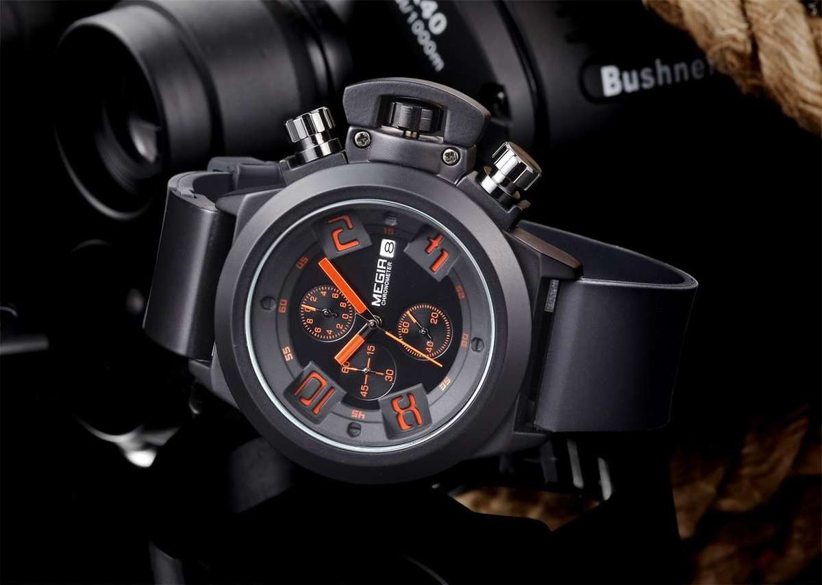 Retail: R1,699.00 MEGIR Men Submarine Chronograph Date 50mm Silicone Strap Watch Black/ Red NEW