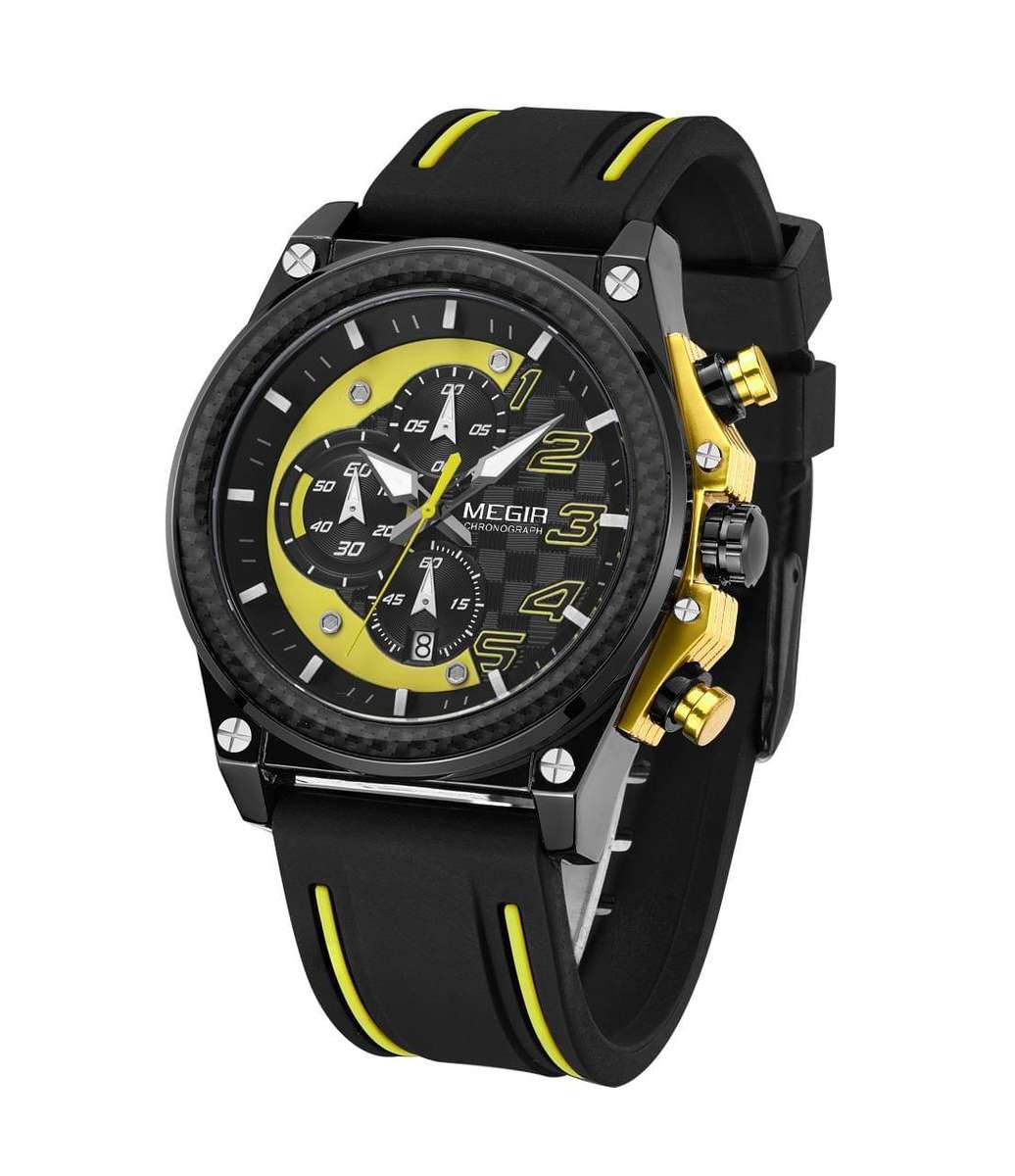 Retail: R1,699.00 MEGIR Men`s Racer Chronograph Date 45mm Black / Gold / Yellow Watch BRAND NEW