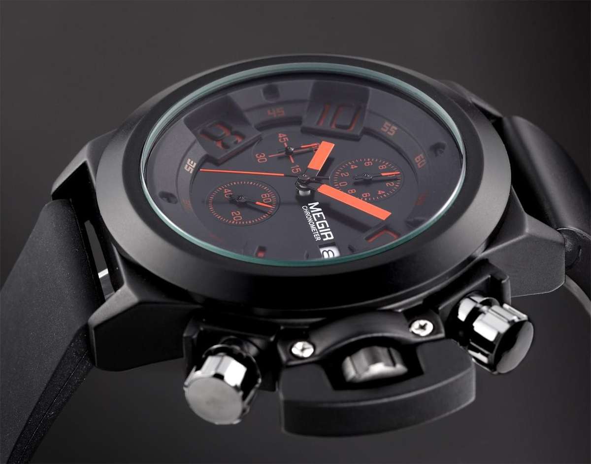 Retail: R1,699.00 MEGIR Men Submarine Chronograph Date 50mm Silicone Strap Watch Black/ Red NEW