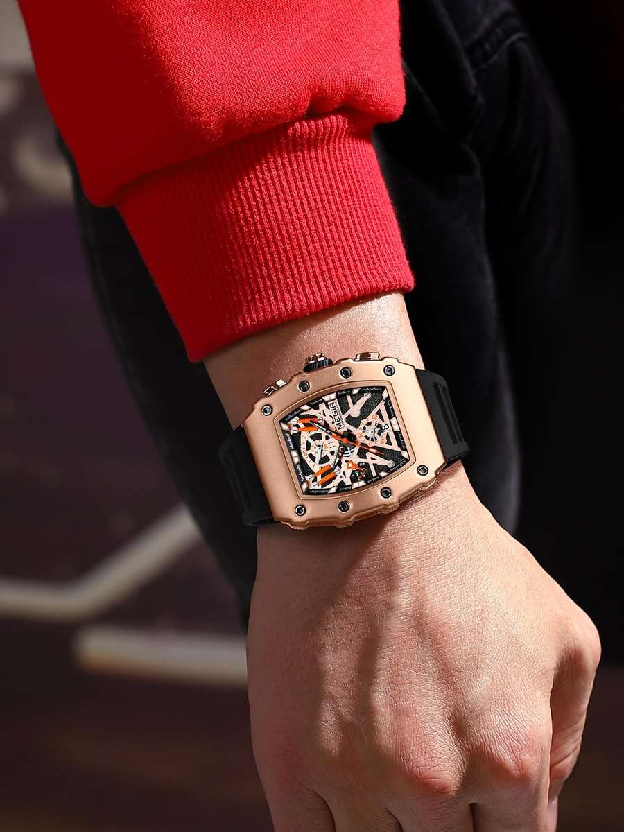 Retail: R1,799.00 MEGIR Men`s TONNEUX-X Chronograph Rose Gold / Black Watch BRAND NEW