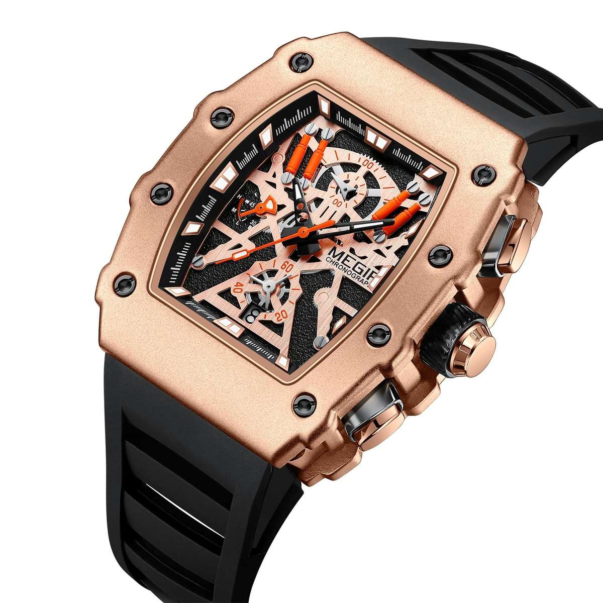 Retail: R1,799.00 MEGIR Men`s TONNEUX-X Chronograph Rose Gold / Black Watch BRAND NEW