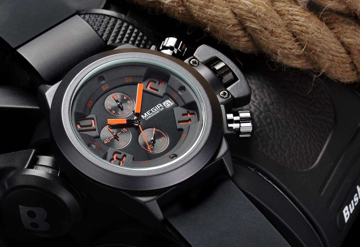 Retail: R1,699.00 MEGIR Men Submarine Chronograph Date 50mm Silicone Strap Watch Black/ Red NEW