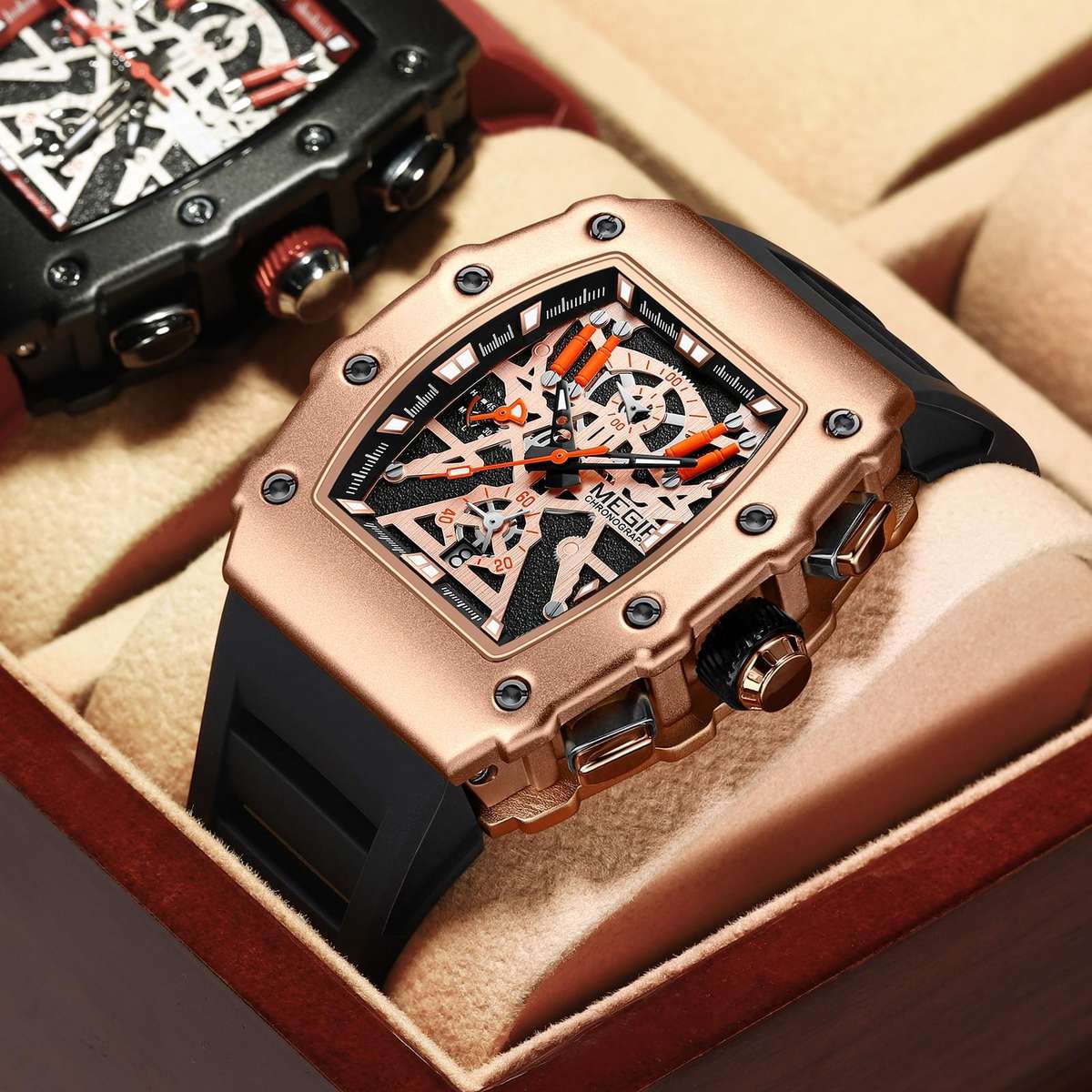 Retail: R1,799.00 MEGIR Men`s TONNEUX-X Chronograph Rose Gold / Black Watch BRAND NEW