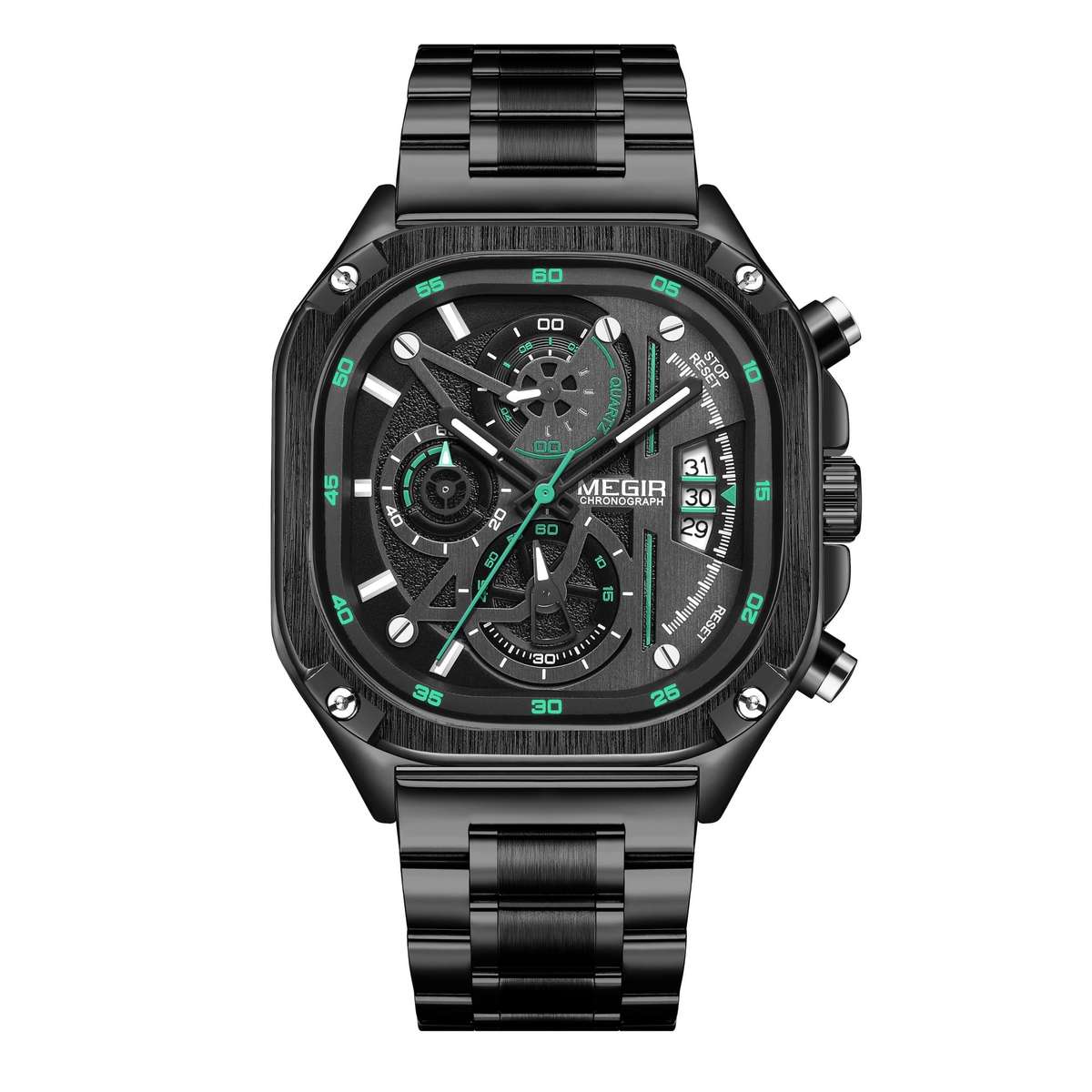 Retail: R1,799.00 MEGIR Mens SQUARE-X Chronograph Black / green Watch BRAND NEW