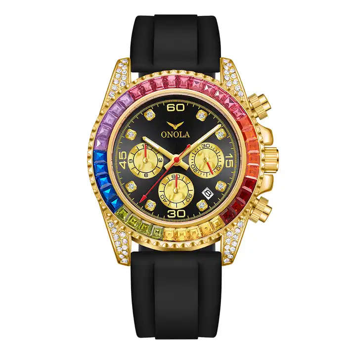 Retail: R1,499.00 ONOLA Unisex Sugar Crystal 43mm Zircon Watch Gold / Black Silicone BRAND NEW