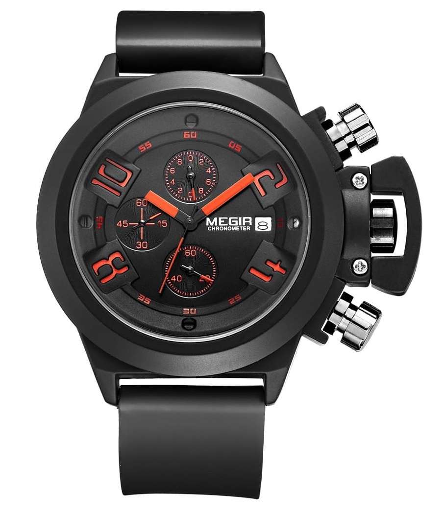 Retail: R1,699.00 MEGIR Men Submarine Chronograph Date 50mm Silicone Strap Watch Black/ Red NEW