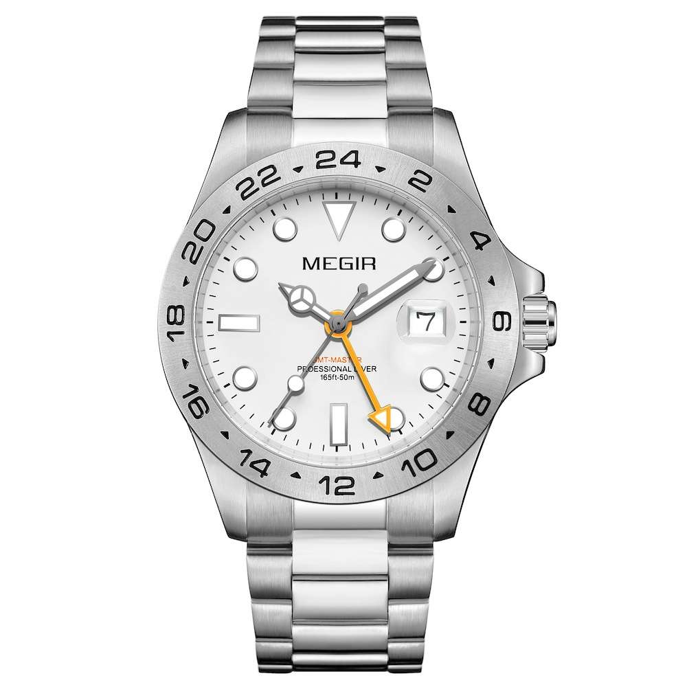 Retail: R2,499.00 MEGIR PREMIUM Men GMT Date 43mm Stainless Steel Silver Oyster Bracelet Watch