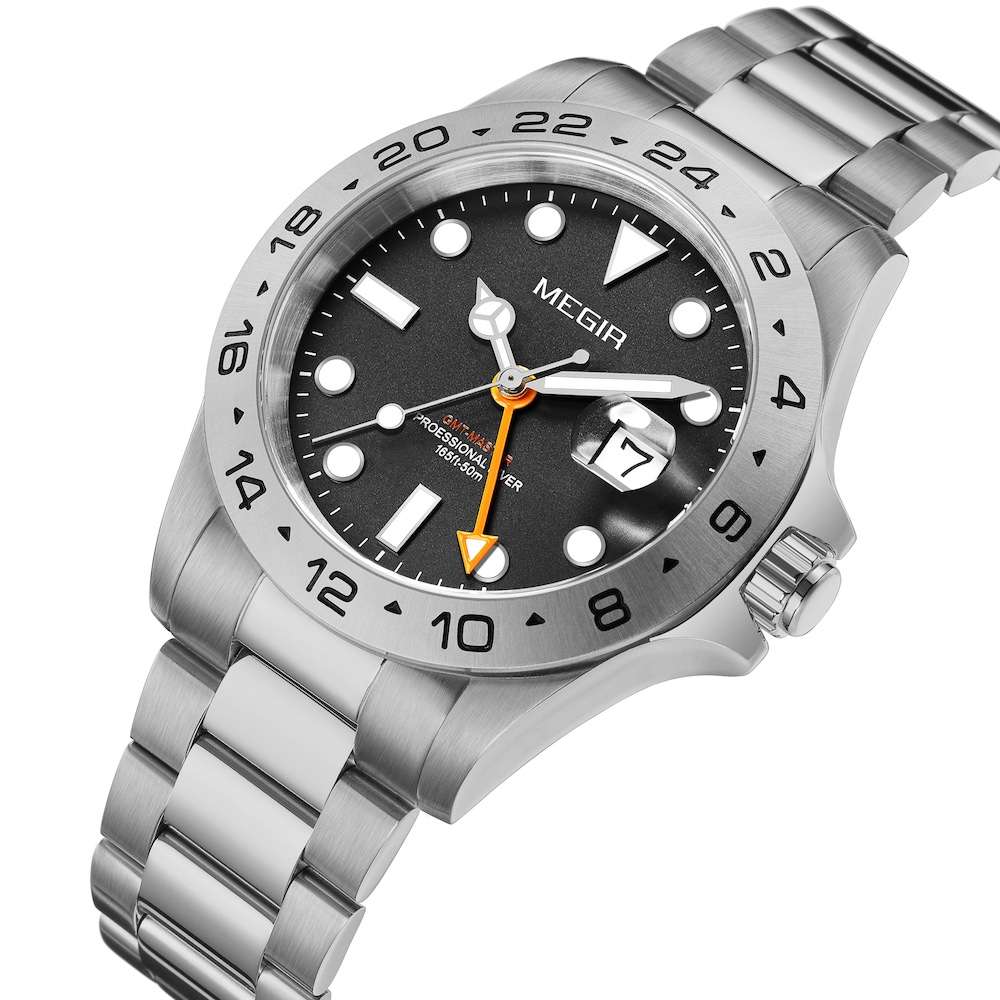 Retail: R2,499.00 MEGIR ELITE Mens GMT Date 43mm Stainless Steel Oyster Bracelet Watch NEW