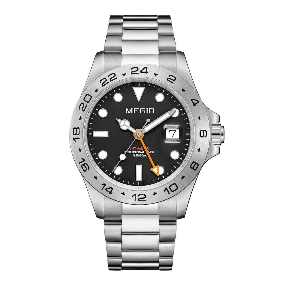 Retail: R2,499.00 MEGIR ELITE Mens GMT Date 43mm Stainless Steel Oyster Bracelet Watch NEW