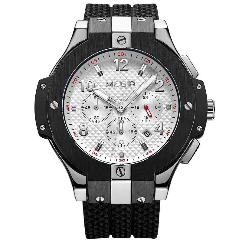 Retail: R1,699.00 MEGIR Mens Night Dweller Chronograph Date 48mm Silicone Strap Watch Black / White