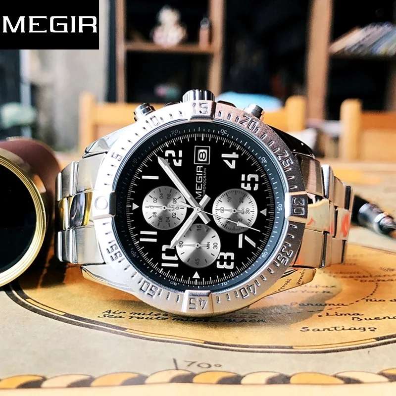 Retail: R1,499.00 MEGIR Men`s Avenger Chronograph Date 45mm Stainless Steel Bracelet Watch BRAND NEW