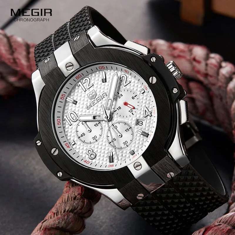 Retail: R1,699.00 MEGIR Mens Night Dweller Chronograph Date 48mm Silicone Strap Watch Black / White