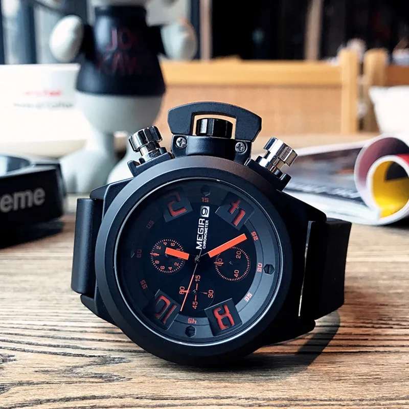 Retail: R1,699.00 MEGIR Men Submarine Chronograph Date 50mm Silicone Strap Watch Black/ Red NEW
