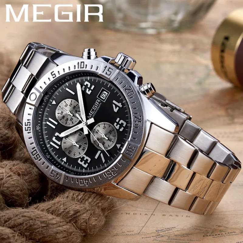 Retail: R1,499.00 MEGIR Men`s Avenger Chronograph Date 45mm Stainless Steel Bracelet Watch BRAND NEW