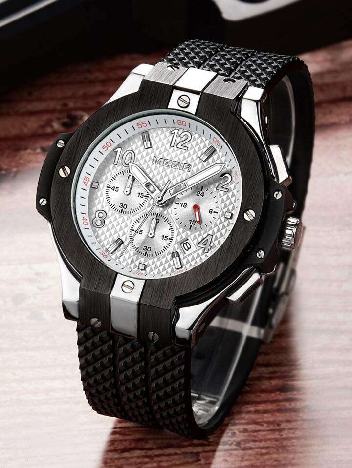 Retail: R1,699.00 MEGIR Mens Night Dweller Chronograph Date 48mm Silicone Strap Watch Black / White